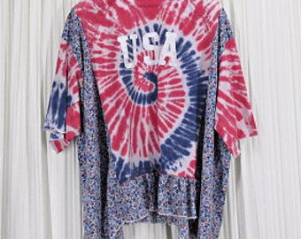 Womens Upcycled Tunic  Poncho  Top  Tie Dye USA  Red White Blue OSFM