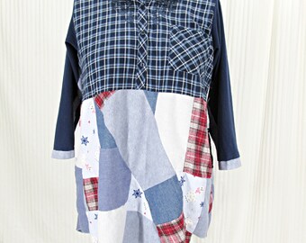 Upcycled Plus Size Tunic, Womens size 18 Patchwork Top, Flannel size 20 Clothing, Fall Winter Blue Plaid Shirt