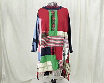 Upcycled Patchwork Tunic, Plus Size Flannel Top,  Winter Flannel Clothing, Womans Funky Christmas Shirt, 3X, 2X