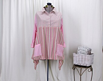 Upcycled Clothing, Womens Tunic, Recycled Woven Shirts, Plaids and Stripes,