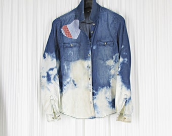 Upcycled Tie Dyed Shirt, Denim Top, Two Appliques, Button Tunic, Womens Clothing, Size L, 12/14