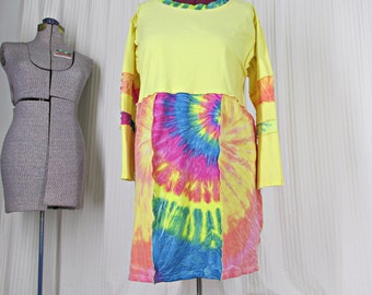 Upcycled Plus Size Tie Dye Dress, Yellow Long Sleeve Bodice, Bright Patchwork Skirt Section, Womens Clothing