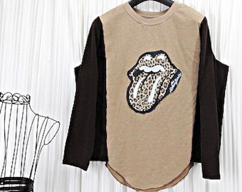 Plus Size Long Sleeve upcycled Fabric Poncho Applique 1/2 circle hem