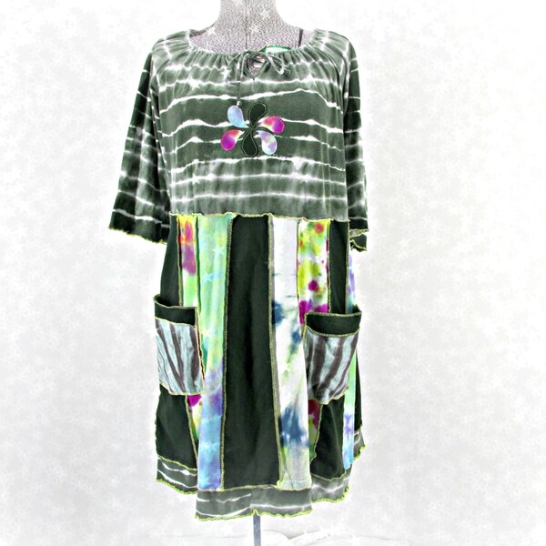 Plus Size 1X Festival Clothing, Womens 16 Dress, Tie Dye Patchwork,Upcycled Clothing, Summer Dress, Lightweight, Boho Bohemian Gypsy Hippie