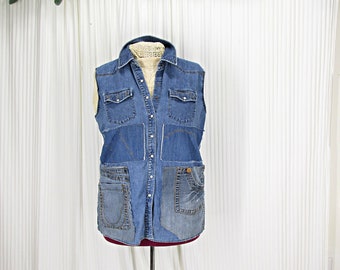 Upcycled Denim Patchwork Vest Snap Closures Womens Clothing Size 16  Plus Size Shirt Tunic