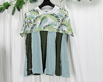 Upcycled Tunic, Patchwork Shirt, Tropical Style, Short Sleeve, Womens Size 12 or 14, Top, Fern Print,