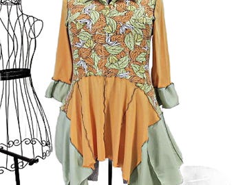 Women's upcycled Boho Tunic Jersey Knit Bodice Sleeves Woven Fabric Patchwork Hippie Bell Sleeves.