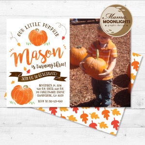 Invitación de cumpleaños de Calabaza Pequeña con reverso y tarjeta de agradecimiento. Invitación imprimible de otoño para niño y niña (1.º, 2.º, 3.º, etc.). Opción de pizarra.