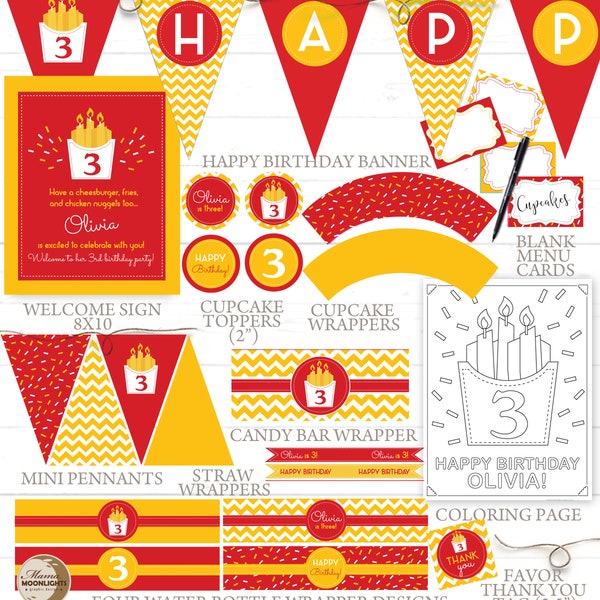 McDonald's Birthday Party Decorations Printable Set - DIY Print - Boy or Girl - First Birthday, 1ST, 2ND, 3RD, Etc. Red Yellow Playplace