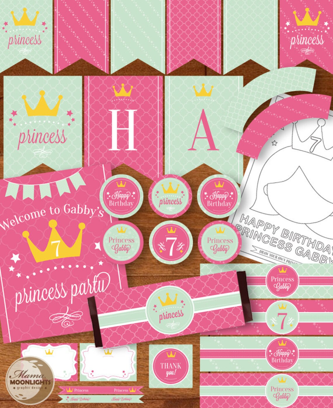 Princess Birthday Party Printable Package DIY Pink and - Etsy
