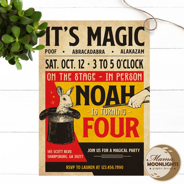 Vintage Magic Party Invite - Magic Birthday Party Invitation - Modern Option - Rabbit in Hat - Magician - Red Yellow Black
