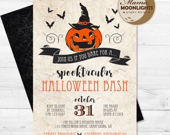 SPECIAL HALLOWEEN SALE - Halloween Party Invite with Back Printable - Spooktacular Halloween Bash Invitation - Vintage Pumpkin Spider Web