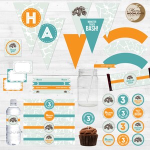 Monster Truck Birthday Party Printable Package DIY - Aqua Blue Brown - Smash and Crash Boy First, Second, Third Birthday etc