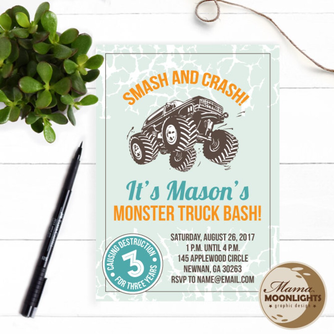 Monster Truck Birthday Party Printable Invitation With Back Side and ...