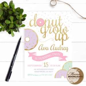 Donut Grow Up Birthday Invite - Mint Purple Pink Gold Birthday Invite - First, Second, Third, Etc. Birthday