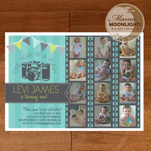 Un an en un clin d'oeil, invitation à une première fête d'anniversaire, carte photo numérique imprimable 5 x 7 ou 4 x 6, bleu aqua, vert citron, gris/gris