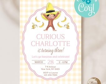 May include: A birthday invitation with a yellow and white checkered background. The invitation features a cartoon monkey wearing a yellow hat and holding bananas. Text reads "Curious Charlotte is turning three!" and includes event details.