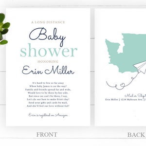 Long Distance Baby Shower Invite Two Sided Baby Shower Invite with State Modern Printable Invitation Boy or Girl image 1