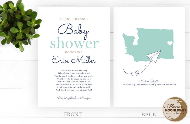 Long Distance Baby Shower Invite Two Sided Baby Shower Invite with State Modern Printable Invitation Boy or Girl image 1