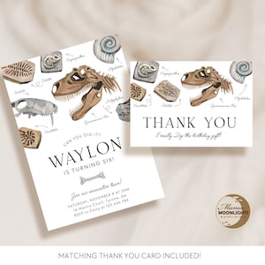 May include: A dinosaur-themed birthday invitation with a watercolor illustration of a dinosaur skeleton and fossils. The invitation reads "Can you dig it? Waylon is turning six!" and includes details for a dinosaur-themed party.