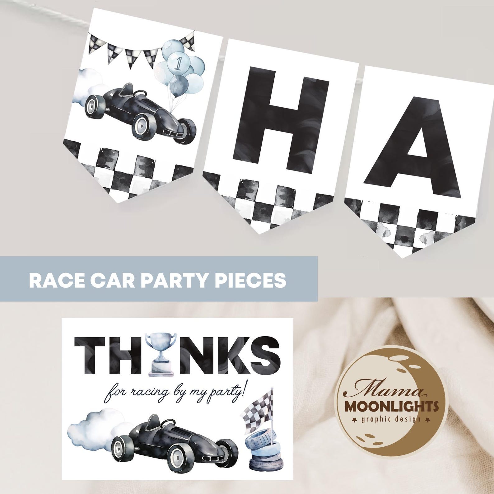 First Lap First Birthday Race Car Decorations Printable Set - DIY Print ...