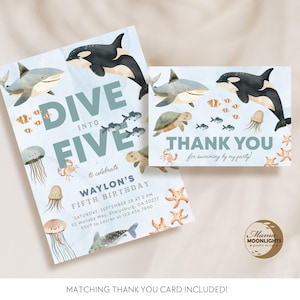 Plongez dans une invitation de cinq anniversaires, une invitation de fête d'anniversaire d'océan, un requin, une baleine, une tortue de mer, une invitation de poisson FILETS NUMÉRIQUES + carte de remerciement