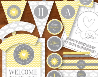 You Are My Sunshine Birthday Party Printable Package - DIY - Yellow Gray / Grey  - Chevron Stripes, Clouds, Hearts - First Birthday