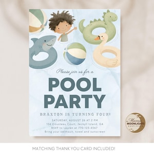Peut inclure: Invitation de fête au bord de la piscine avec un design aquarelle. L'invitation présente un garçon et plusieurs bouées de piscine, dont un requin, un dinosaure, un cygne et des ballons de plage. Le texte dit "POOL PARTY" et comprend les détails de la fête.