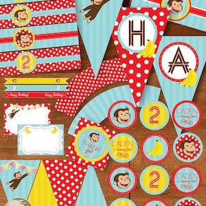 Curious George Inspired Birthday Party Favors Decor Printable Package DIY - Bananas Red Blue Yellow