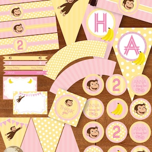 Curious George Birthday Party Printable Package DIY - Monkey Bananas Yellow Pink