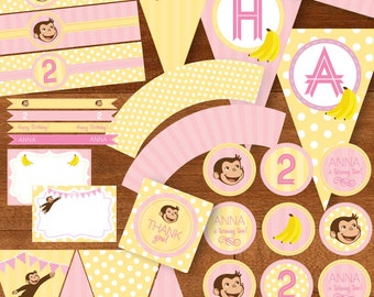 Curious George Birthday Party Printable Package DIY - Monkey Bananas Yellow Pink