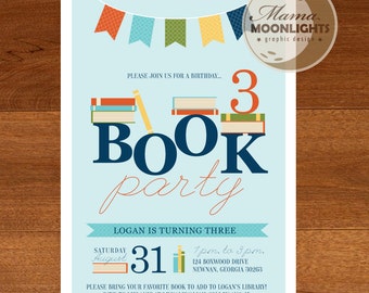 Book Birthday Party Invitation Digital Printable 5x7 Invite ( Orange, Navy Blue, Yellow, Green, Light Blue, Aqua ) )