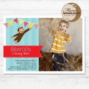 Invitación para fiesta de cumpleaños de Jorge el curioso, tarjeta con foto imprimible digital de 5 x 7 o de 4 x 6