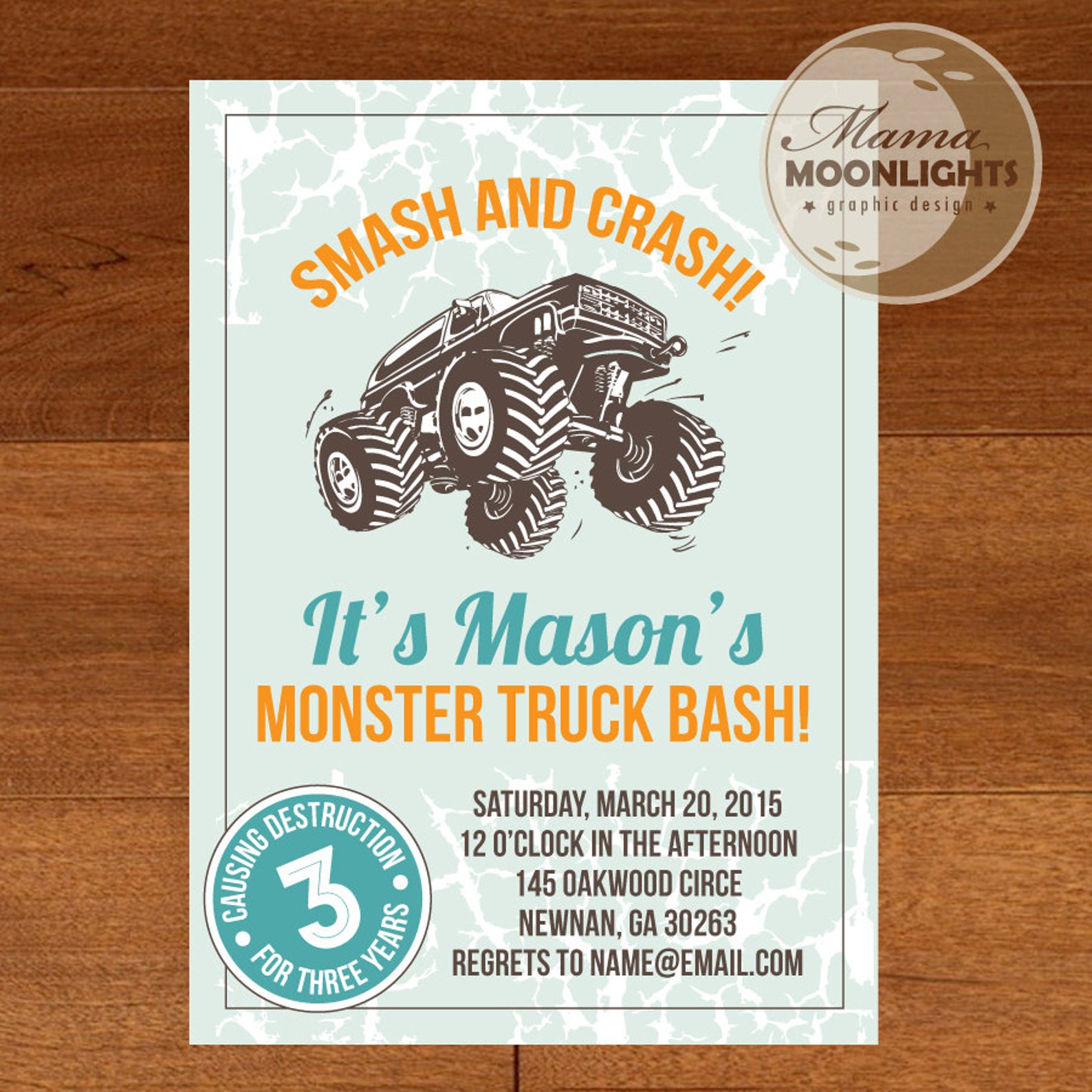 Monster Truck Birthday Party Printable Invitation With Back - Etsy