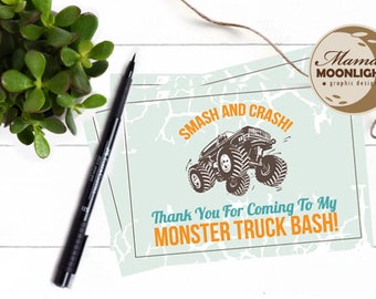 INSTANT DOWNLOAD! Monster Truck Birthday Party Mini Thank You Card - DIY Print - Older Boy Best Birthday Invitation