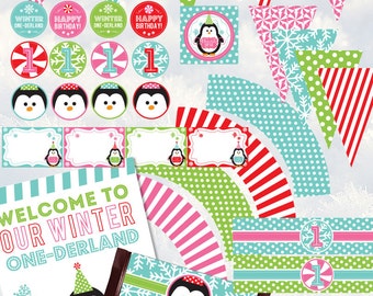 INSTANT DOWNLOAD Winter One-Derland Fun To Be One First Birthday Party Package *Not Personalized* Penguins Snowflakes Peppermint