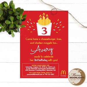 Kinder Geburtstagsparty Party Einladung selber machen 1st 2nd 3rd 4th and up Geburtstag einladen - Rot Gelb - Pommes Nuggets Burger
