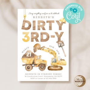 Instant Download | Dirty 3rdy | Construction Birthday Invite | Building Birthday Party | Third Birthday | Printable DIY, Corjl DIGITAL FILES