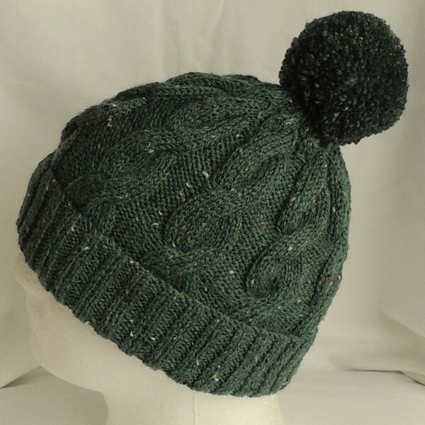 MEDIUM SIZE HAT - Green Nepp Cable Knit Beanie. - Chunky Knit Hat - Bobble Hat. - Men's Beanie Hat. - Women's Beanie Hat. - Winter Hat. -
