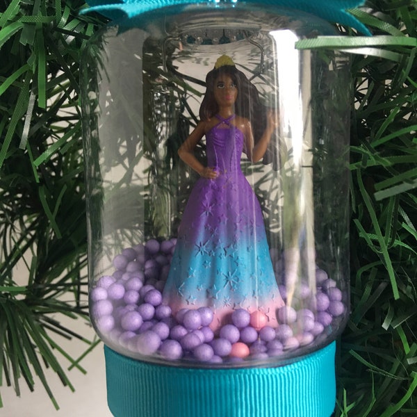 Barbie Mason Jar Snow Globe Ornaments, Barbie Ornaments,| Mason Jar Scenery Ornament, Mason Jar Christmas Tree Ornament