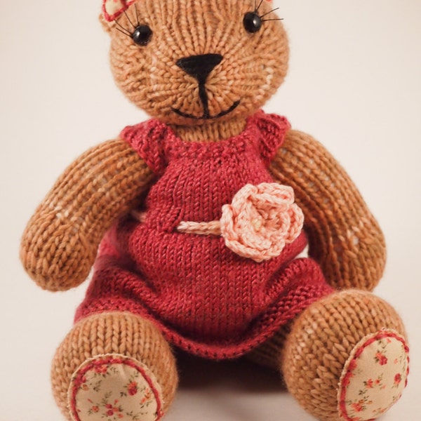 Knit Bear Toy - Hand Knit Pink Chocolate Brown Bear Stuffed Animal with Embroidered Fabric Patch Paws and Flower Dress