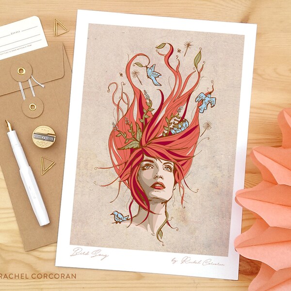 Original Illustration - Florence and The Machine - Bird Song by Rachel Corcoran - Portrait Poster - Wall Art - Botanical - Fashion - Flowers