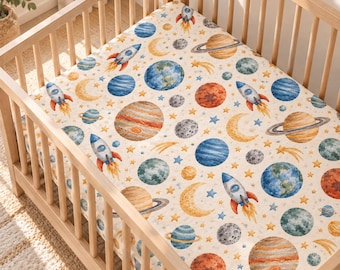 Watercolor Solar System Planets and Stars Crib Sheet