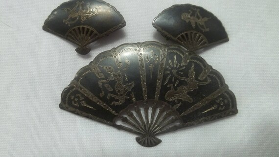 1950's sterling silver fan shaped pin and earrings