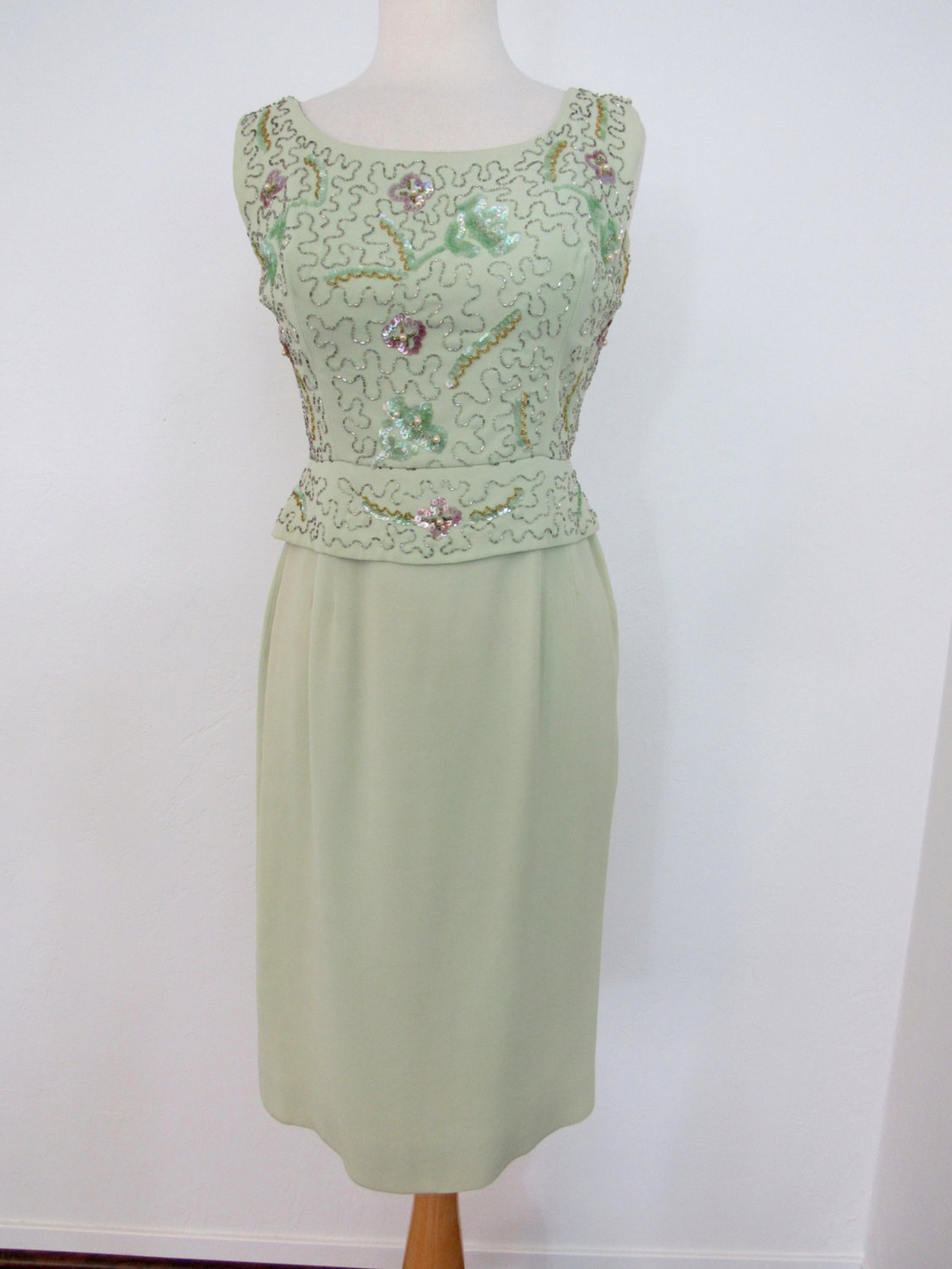 1950s Ice Green Dress With Beaded & Sequined Bodice and Abbreviated ...