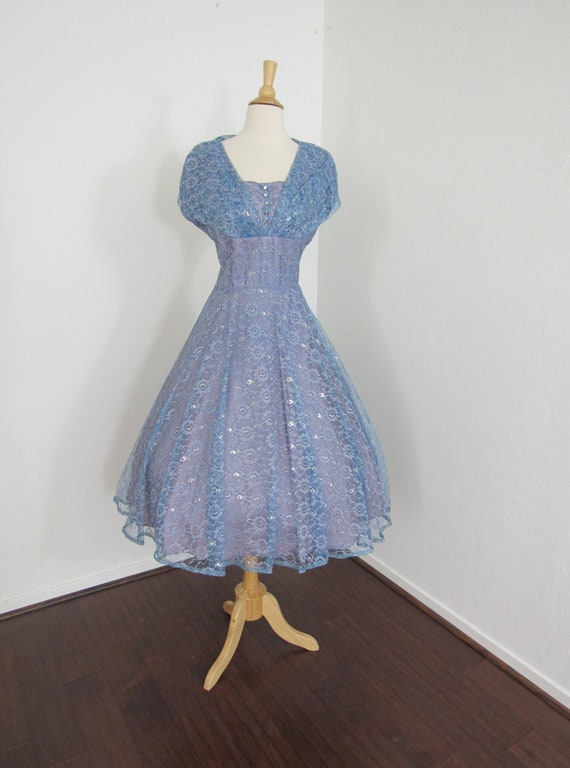 Lovely, Feminine 1950s Blue & Silver Lace Dress wi