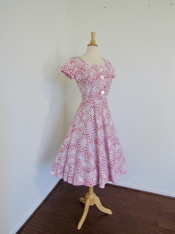 1950s Red & White Firecracker Print, Linen Dress