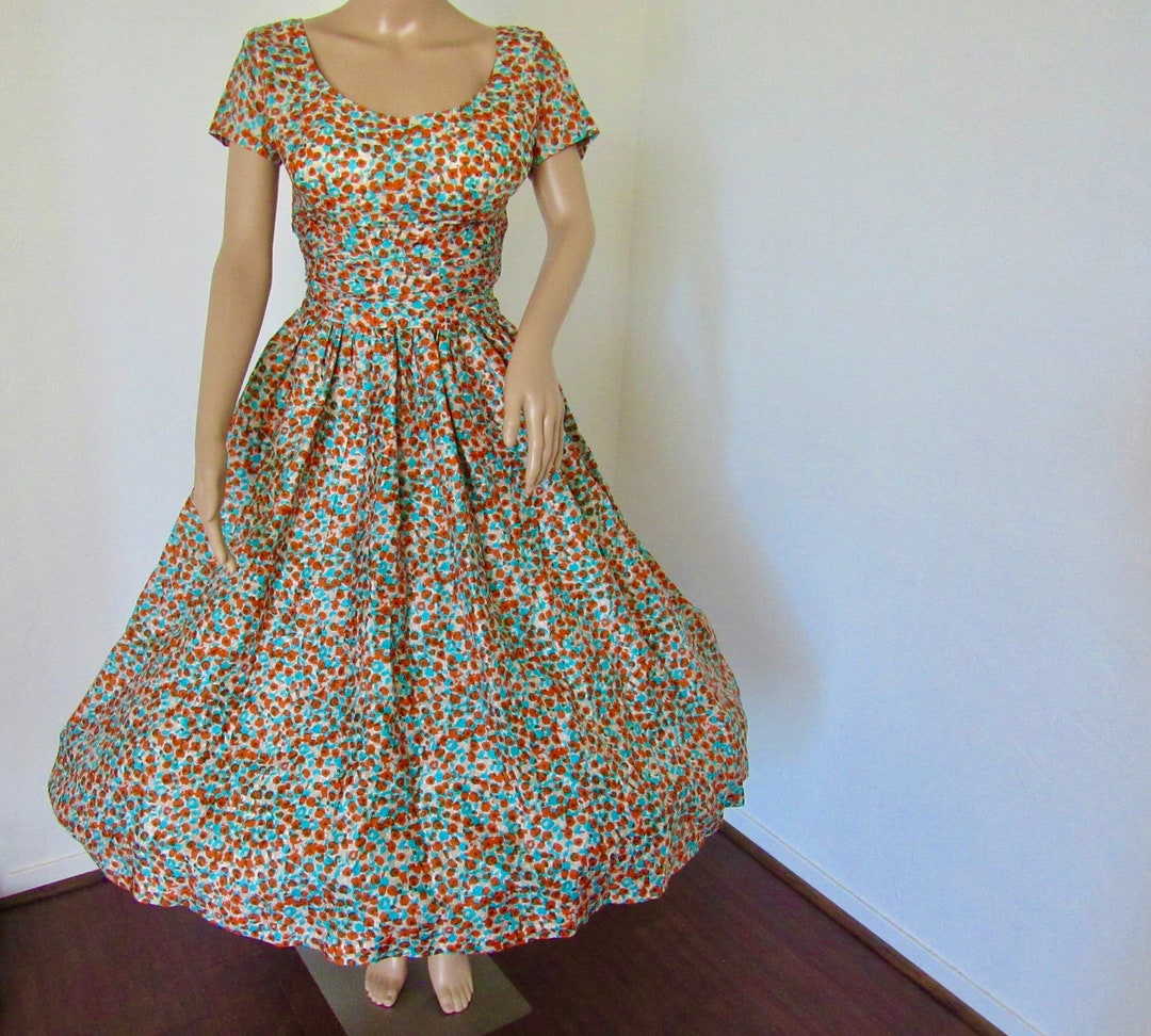 1950s Turquoise Floral Ribbon Print Dress | L/XL main image 1
