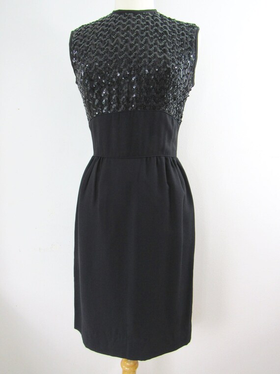 Early 1960s Black Crepe Wiggle Dress with Sequine… - image 1