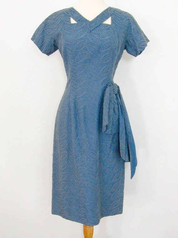 1950s Smokey Blue Embroidered Taffeta Wiggle Dress